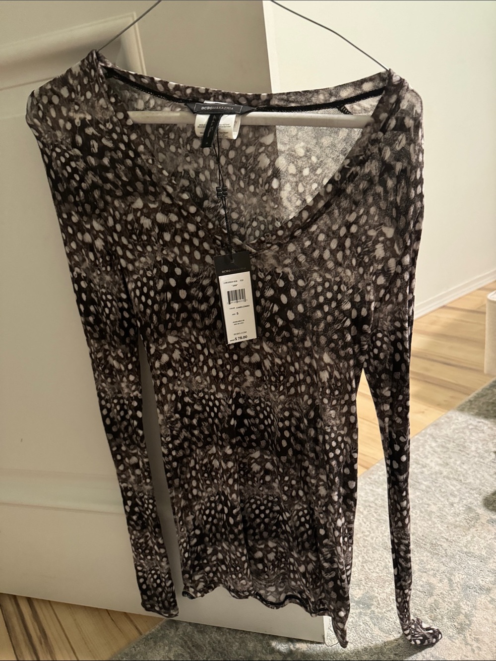 BCBG Sheer Spotted Long-Sleeve Top in Black and Cream